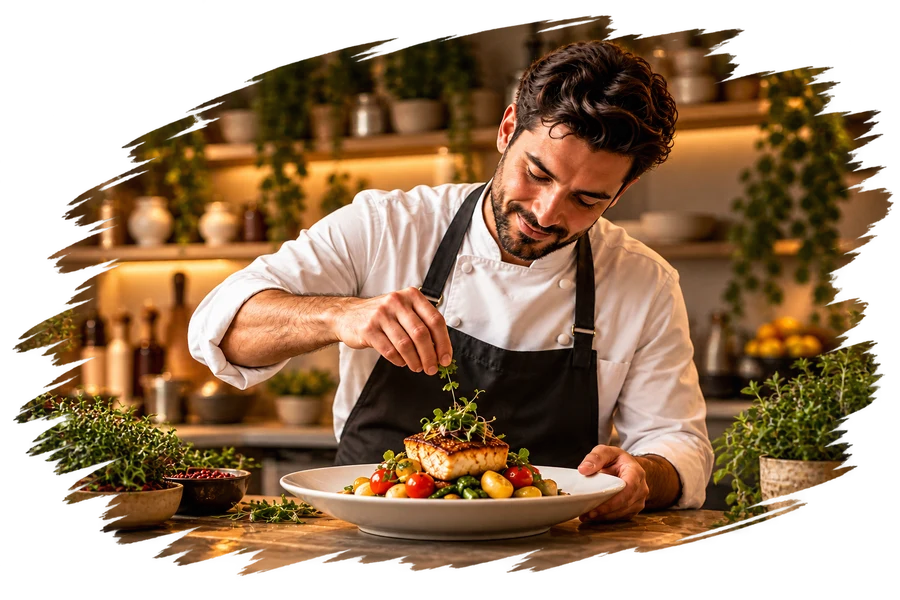 A chef plating a finished dish in a home kitchen