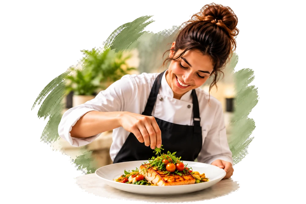 A chef garnishing a plated dish