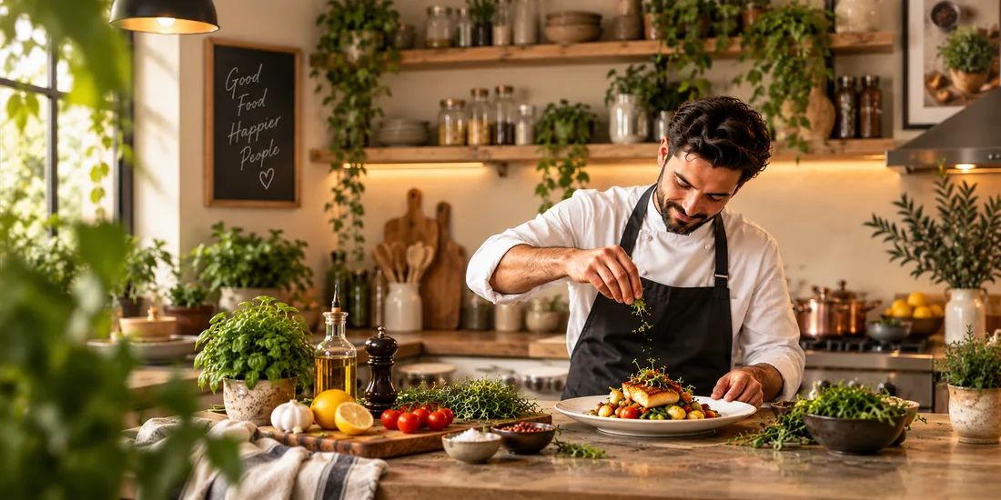 A chef plating a finished dish in a home kitchen
