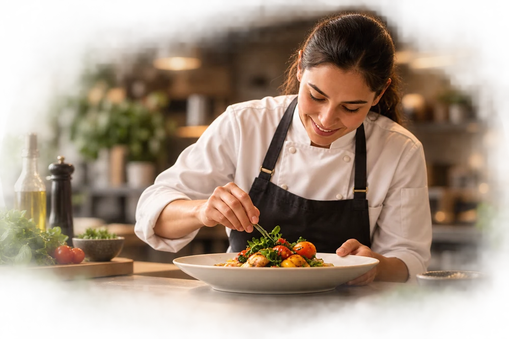 A chef plating a finished dish