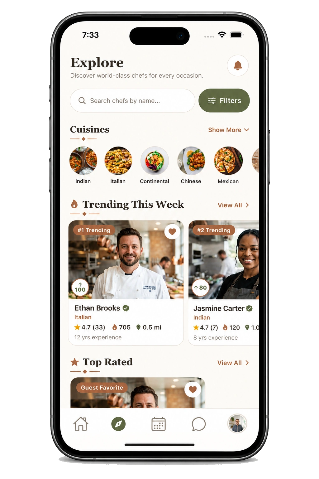 The Chef Day app: chefs available nearby with ratings, cuisines and this week's trending chefs