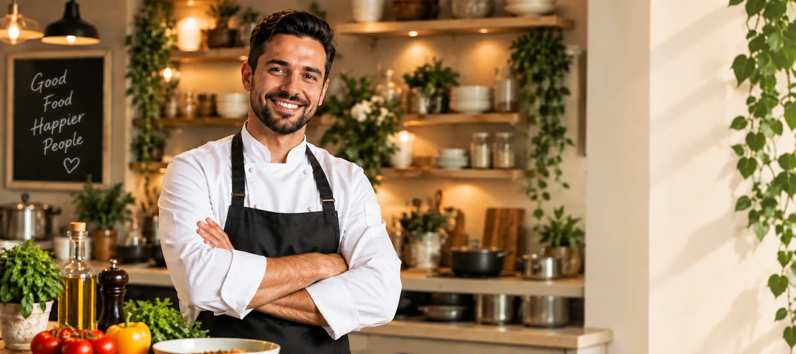 A chef standing arms crossed in a home kitchen